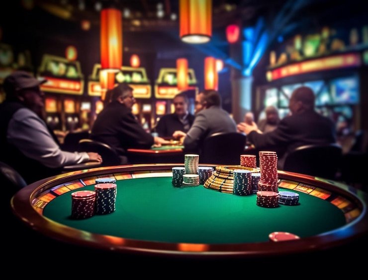 Bandar poker table interface on rajabamdot showing seats, blinds, and pot